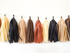 several tassels hanging on a line against a white wall in different colors and sizes