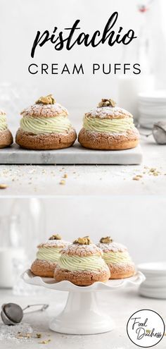 three different views of cream puffs on a white cake platter, with the words pistachio cream puffs above them