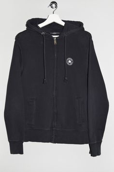 "Converse Hooded Full-Zip Sweatshirt Hoodie - Size tag: Please always check measurements before buying. Women's Medium - Measurements (laying flat): Pit to Pit: 20.5\" Length: 25\" Sleeve: 25\" Pit to Cuff: 19\" Across the Shoulders: 18.5\" -Wear: /Please see images for details/  Used condition. Slight fabric fading and small rips on the cuffs as shown on the pictures. - Fabric: Fabric tag is faded, probably a mix of Cotton and Polyester or just Cotton *All of our items are preloved pieces so some signs of natural wear and age are to be expected. Please look through the photos carefully to check if the condition is to your satisfaction. *All efforts are made to show any defects however small imperfections may be missed. *We try to describe the sizes as accurately as possible, but please ke Sporty Long Sleeve Hoodie With Ykk Zipper, Black Cotton Sweatshirt With Zipper Closure, Black Cotton Zipper Sweatshirt, Sporty Black Cotton Hooded Jacket, Black Cotton Sporty Hooded Jacket, Casual Fleece Track Jacket With Drawstring Hood, Streetwear Hooded Jacket With Zip Fly, Hooded Jacket With Zip Fly For Streetwear, Hooded Fleece Tops With Zipper Closure