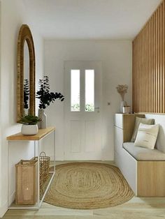 a room with a white door and some plants on the shelf next to the doorway