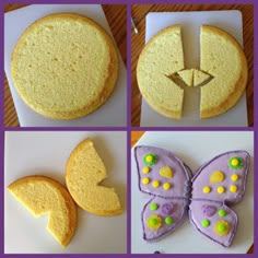 there are four pictures of different cakes with butterflies on them