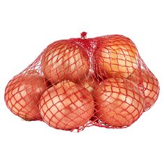 a red mesh bag filled with apples on top of a white background