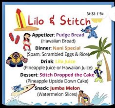 Stitch Day 626 Food, 626 Day Stitch Ideas, Lion King Movie Night Dinner, Stitch Dinner And A Movie, Lilo And Stitch Food Recipes, Lilo And Stitch Movie Night Food, Disney Snacks At Home, Lilo And Stitch Dinner And A Movie, Disney Food Movie Night