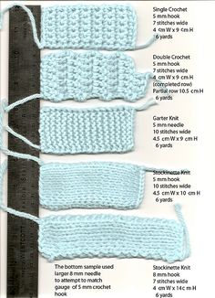 the instructions for crochet are shown in three different sizes and colors, including one blue