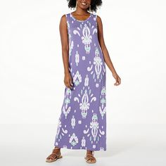 Colleen Lopez Printed Ikat Maxi Dress  For an easy-breezy look that's sure to turn heads, this sleeveless maxi dress is a great option. Casual Sleeveless Flowy Maxi Dress, Casual Purple Sleeveless Sundress, Casual Purple Sleeveless Dress For Vacation, Purple Casual Maxi Dress, Casual Purple Maxi Dress, Casual Sleeveless Maxi Dress For Spring, Casual Long Sleeveless Spring Dress, Casual Long Sleeveless Dress For Spring, Summer Purple Maxi Dress