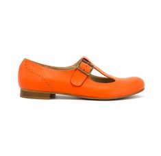 Unique Mary Jane Shoes in rare bright orange color genuine leather. You have loved this T Strap Mary Jane and we continue to offer you more and more colors. This pair sits on a low block heel that will ensure all-day comfort and stability. Anatomicaly cushioned all along with foamy material inner sole for comfort walking. Sitted on antislip rubber sole. Sizes over 42 EU Women's are available. Sizes smaller than 36 EU Women's are available as custom made orders. Orders in another color of your ch Orange Leather Shoes With Round Toe And Leather Lining, Orange Leather Shoes With Round Toe, Orange Slip-on Leather Shoes With Rubber Sole, Orange Leather Slip-on Shoes With Rubber Sole, Front View Shoes, Dressy Flats Shoes, Flats With Arch Support, Mary Jane Shoe, Flats Shoes Comfortable