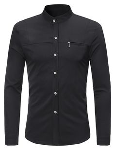 Mandarin Collar Faux Chest Pocket Shirt - Black - 3872390321 - Men's Clothing, Men's Tops & T-Shirts, Men's Shirts  #MensShirts #Men's #Clothing # #Men's #Tops #& #TShirts # #Men's #Shirts Mens Fashion Vintage, Mens Fashion Illustration, Mens Fashion Simple, Mens Fashion Blazer, Formal Mens Fashion, Men's Tops, Black Men Fashion, Mens Winter Fashion, Pocket Shirt