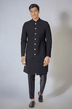 Black full sleeve achkan with textured pattern and mandarin collared neckline. Paired with mexican pant. - Aza Fashions Black Japanese, Full Sleeves, Mandarin Collar, Aza Fashion, Full Sleeve, For Men, Pants, Pattern, Black