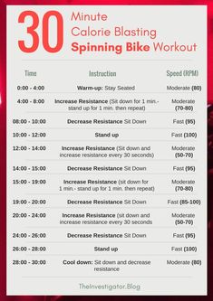 the 30 minute calorie blasting spinning bike workout is shown in red and white