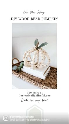 a wooden bead pumpkin sitting on top of a white box next to a plant