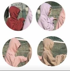 four different images of a person wearing a hoodie