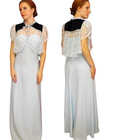 "Vintage 70s Maxi Dress with Velvet and Lace Shrug - Light Blue A beautiful long dress with spaghetti straps and zipper down the back. Dry clean, if you do attempt hand washing avoid washing the shrug. Please check the measurements of dress to ensure proper fit: 31\" bust, 24-28\" high waist, 36\" hips, 52.5\" long.  Shrug is 16\" long - model is 5'1\" XS US 0 with 31\" bust We no longer ship to Germany - thank you for understanding! Regarding customs: You are responsible for all customs fees an Pale Pink Maxi Dress, Velvet Shrug, Long Shrug, Blue Linen Dress, 1960 Dress, Lace Shrug, Tulle Party Dress, Beautiful Long Dresses, 70s Maxi Dress