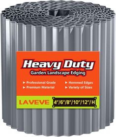 heavy duty garden landscape edging roll with labels on the top and bottom, shown in silver