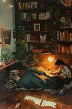 a painting of a woman reading in her bed with bookshelves and plants on the wall