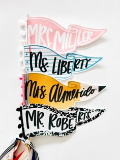 three different colored pencils with the words mr and mrs miller on them