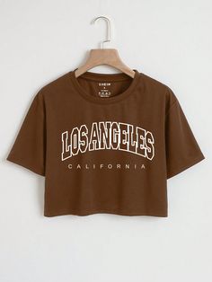 Letter Graphic Crop Tee Graphic Tees Women Tops Coffee Brown Casual  Short Sleeve Fabric Letter  Slight Stretch  Women Clothing, size features are:Bust: ,Length: ,Sleeve Length: Top Shirt Women, Collars For Women, Elegant Shirt, Graphic Tees Women, Crop Tee, Top Casual, Print T Shirts, Casual T Shirts, Workout Tops