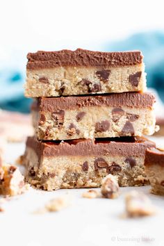 chocolate chip cookie bars stacked on top of each other