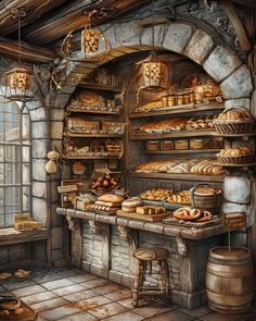 Bakery Fantasy Art, Medieval Bakery Aesthetic, Dnd Food Art, Dnd Kitchen, Bakery Reference, Fantasy Bakery, Baker Aesthetic