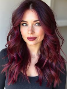 Ruby Balayage Hair, Berry Ombre Hair, Burgundy Balayage On Brown Hair, Wine Red Hair Balayage, Cherry Cola Hair Color Balayage, Balayage Hair Red Auburn, Red Lob Haircut, Black And Red Balayage, Maroon Balayage