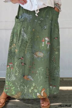 Olivia Mark - Professional Womens Patchwork Print Skirt with High Waist and Pockets Vacation Skirt, Vacation Skirts, Funky Clothes, Pocket Skirt, Floral Retro, Chic Top, Skirts For Women, Linen Skirt, Green Skirt