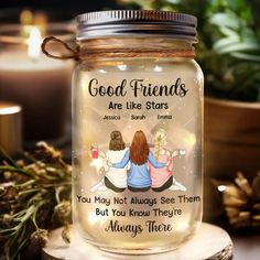 A best friend is like a four-leaf clover: hard to find and lucky to have.

Illuminate your cherished relationships with the Good Friends Are Like Stars - Personalized Mason Jar Light. Ideal as a gift for your bestie, sister, or sibling on Thanksgiving, Christmas, birthdays, and anniversaries, this unique mason jar light captures the essence of friendship and love.

Celebrate those special bonds with a personalized touch that makes this mason jar light both meaningful and heartfelt. Its warm glow Gift For Your Bestie, Friends Are Like Stars, Mason Jar Light, Personalized Mason Jars, Good Friends Are Like Stars, A Best Friend, Mason Jar Lighting, Jar Lights, Friends Are Like