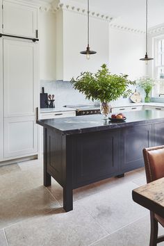 a large kitchen with an island in the middle and potted plant on it's counter