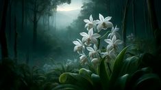 white flowers in the middle of a forest with trees and plants around them at night