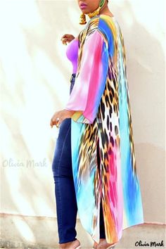 Olivia Mark - Modern and Stylish V-Neck 9-Sleeve Blazer and Jacket Set with Colorful Rainbow Print Chiffon Outer, Outer Dress, Chiffon Cardigan, Chiffon Kimono, Split Design, Printed Blazer, Rainbow Print, Rainbow Color, Cardigan Top