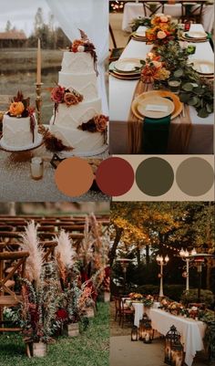 a collage of photos with different wedding colors and decorations on it, including a cake