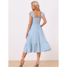 In a smocked front and contrast decor design, made of lightweight fabric, the dress can fill your outfit's collection in your wardrobe. The soft fabric makes flowy ruffles below the knee in a flared dress with a tiered-shirred hem. The midi dress is suitable for summer and many occasions, such as casual, dating, cocktail parties, weekend gatherings, beaches, travel, and daily wear. Casual Smocked Square Neck Dress, Casual Midi Dress With Smocked Back And Ruffled Straps, Casual Smock Dress With Square Neck, Knee-length Smocked Dress With Ruffles, Light Blue Beach Dress With Smocked Back, Casual Ruched Midi Dress With Ruffled Straps, Casual Midi Dress With Ruched Ruffled Straps, Casual Midi Dress With Ruched And Ruffled Straps, Blue Sundress With Smocked Back And Ruffled Straps