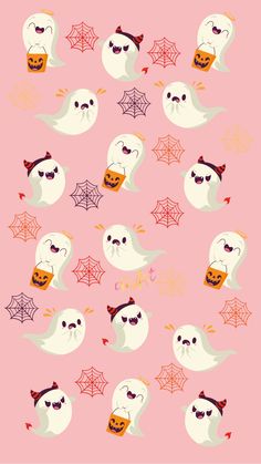 a pink background with lots of white ghostes and pumpkins on the bottom right corner