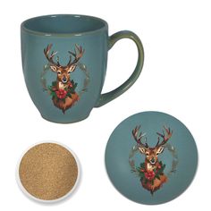 a cup and saucer with an image of a deer's head on it