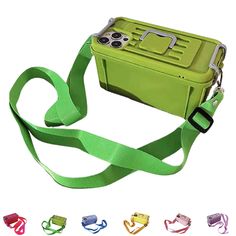 a green camera bag with multiple colors and straps on the strap, all in different shapes and sizes