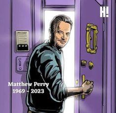 an image of a man opening a purple door with the words mathew perry on it