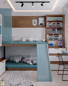 a child's bedroom with bunk beds and desks