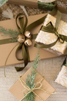 presents wrapped in brown paper and tied with green ribbon