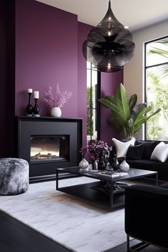 Home Decor: A Modern Living Room with a Chic Plum Interior Purple And White Living Room, Purple Wall Living Room Ideas, Plum Accent Wall Living Room, Home Decor Purple, Purple Fireplace, Purple And Black Home Decor, Plum And Grey Living Room, Living Room Purple Wall, Living Room Plum And Grey