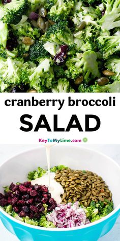 broccoli salad with cranberries and sunflower seeds in a blue bowl