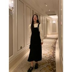 5ft 4''(166cm) tall, 95 lbs(43kg) weight and wearing a size S164cm/49kg wearing a size S - Wool 50%- Polyester 50%- BLACK- Pullover- Suspender style- 2 colors Korean Dress Casual, Dress With Suspenders, Black Suspenders, Black Pullover, Korean Dress, Suspender Dress, Long Black Dress, Jumper Dress, Suspenders