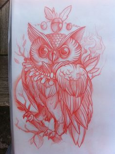 an owl sitting on top of a tree branch next to a piece of paper with red ink