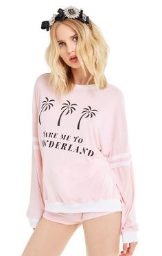 The Wonderland Moonlight sweater from Wildfox is a slightly oversized sweatshirt with white banded hems, and sporty white stripes on each sleeve. It features the graphic 'Take Me To Wonderland' at front. 50% Polyester, 50% Rayon Pretty Fashion, Vinyl Shirts, Wildfox Couture, Vintage Candles, Pink Sweatshirt, Fitted Sweater, Oversized Sweatshirt, Luxurious Bedrooms, Shirt Ideas