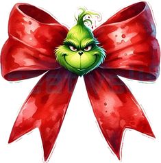 the grin face on top of a large red bow with green eyes and long hair