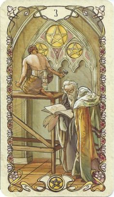 a tarot card with an image of two men sitting at a table