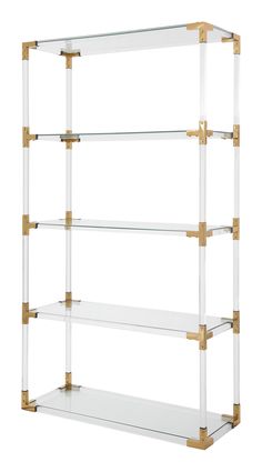 a clear and gold shelf with three shelves