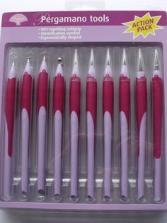 six red and white pens are in a package with the words pergamanoo tools