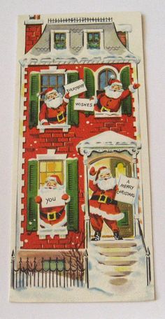 an old fashioned christmas card with santa in front of a house