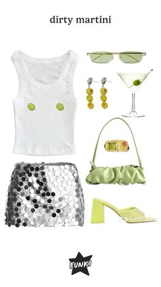 a white top and silver sequin skirt with lime green shoes, sunglasses and accessories