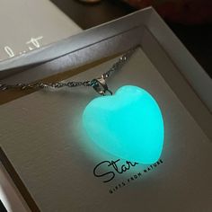 Glowing heart pendant gift for woman. This Stunning light green Heart Pendant is stylish and distinctive. It absorbs light during the day and releases it at night creating a mystical glow. Various chain styles and lengths available.  All jewelry comes in premium packaging, gift ready, plus a stylish postcard  All of our jewelry are designed and crafted by hand in our atelier in Bulgaria with careful attention to detail that allows us to create truly beautiful gifts for you.   P R O D U C T ∙ D E Glowing Necklace Pendants, Glow Jewelry, Glowing Necklace, Star Chain, Fancy Jewelry, Pandora Bracelet, Beautiful Gifts