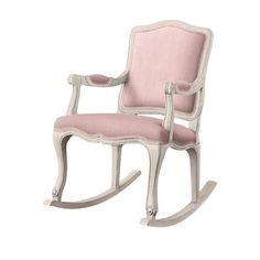 a pink and white rocking chair on a white background, with the seat upholstered