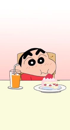 a cartoon character laying down at a table with a slice of cake and drink in front of him